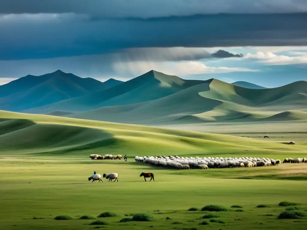 Un solitario nómada mongol a caballo, pastoreando ovejas en la vasta estepa bajo un cielo dramático