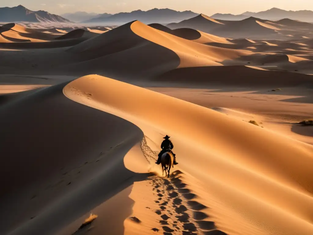 Un solitario jinete mongol cabalga hacia una antigua ciudad en un vasto desierto al atardecer