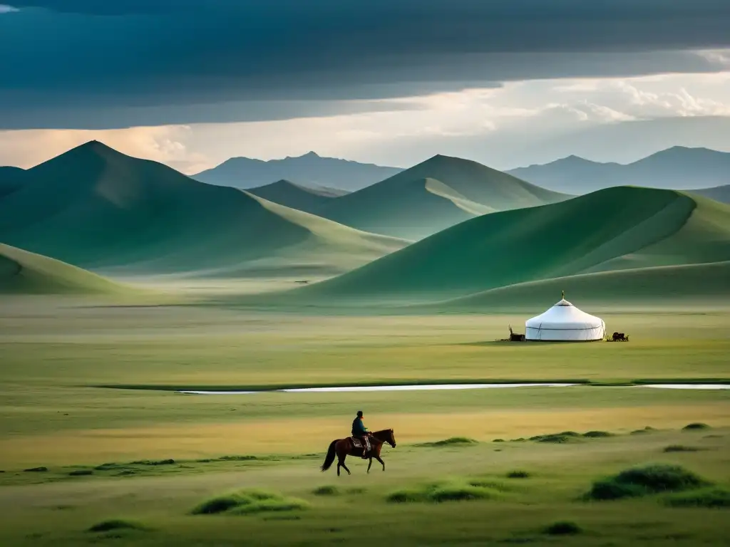 Un solitario jinete cabalga en la vasta estepa mongola bajo un cielo tormentoso, evocando la grandeza y la soledad del último Khan del Imperio Mongol