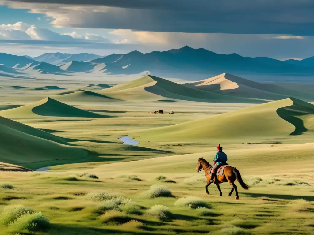 Un solitario jinete en la vasta estepa mongol, evocando misterio y belleza