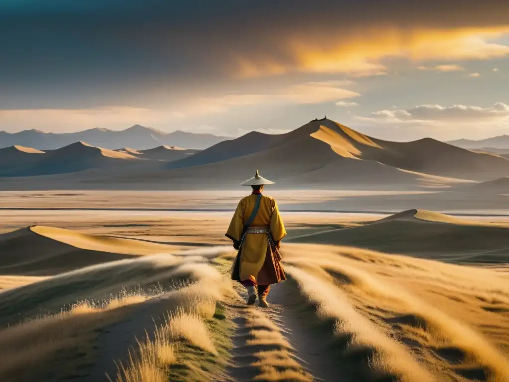 Un solitario personaje en atuendo mongol contempla las antiguas estepas de Mongolia al atardecer, evocando una profunda conexión espiritual