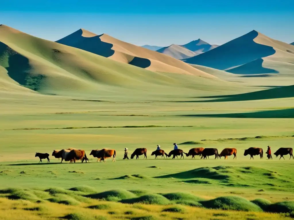 Sustentabilidad en estepas mongolas: Pastores nómadas cuidando su ganado en la vasta y hermosa naturaleza de Mongolia