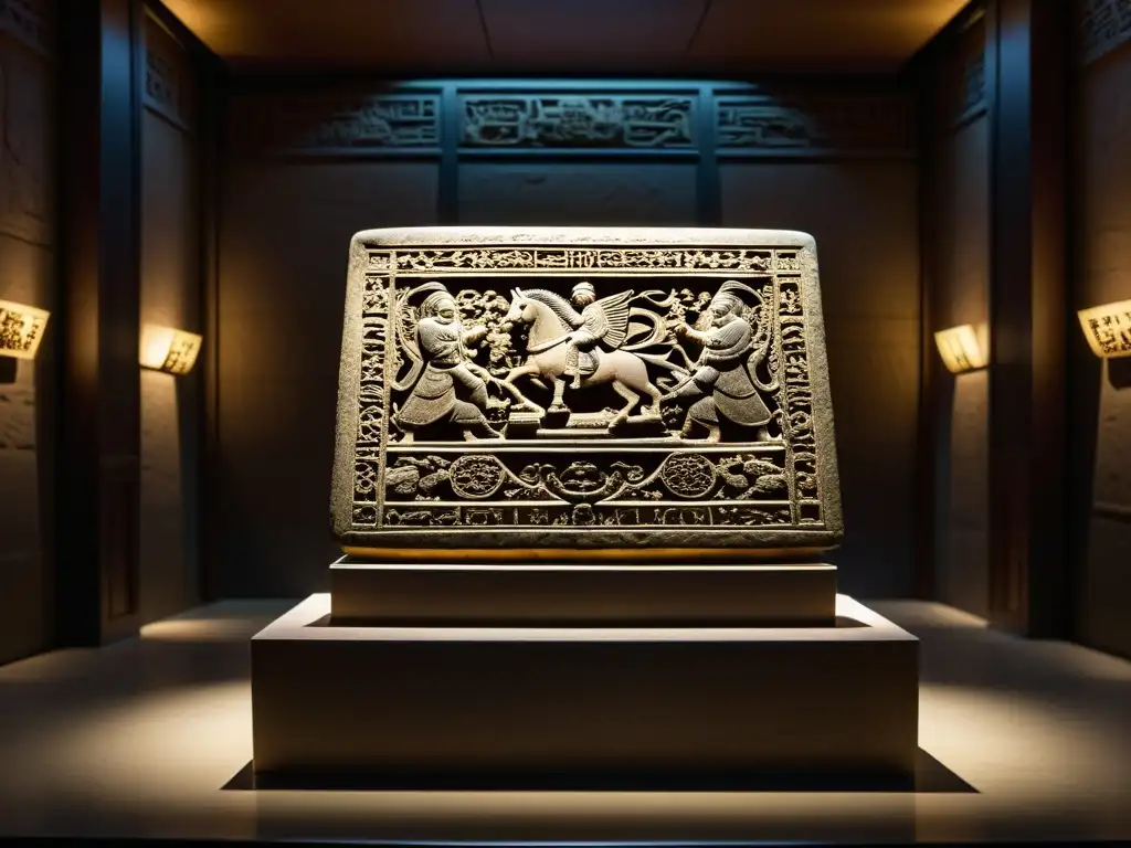 Tableta de piedra legado legal Genghis Khan en museo iluminado, escenas de justicia en Mongolia antigua, atmósfera educativa y misteriosa