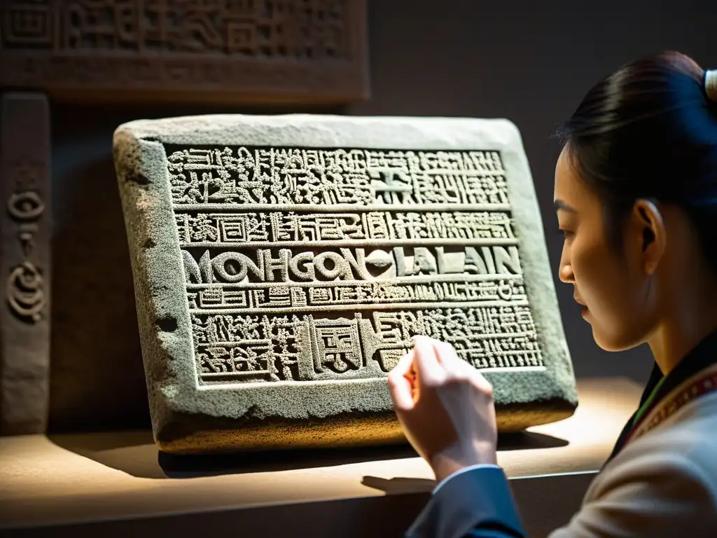 Una tableta de piedra con leyes de guerra del Imperio Mongol, exhibida en un museo con iluminación suave, evocando sabiduría ancestral