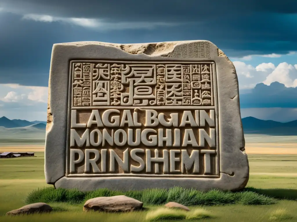 Tableta de piedra tallada con el Código legal secreto de Genghis Khan, escenas de la ley y castigo, en la estepa mongol bajo un cielo dramático