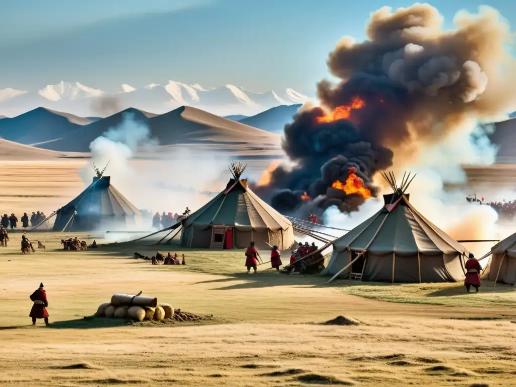Asedio Mongol: Preparativos de Guerra Táctica de guerra mongoles asedios: Campamento de asedio mongol con soldados preparando armas y fortificaciones fuera de una ciudad fortificada