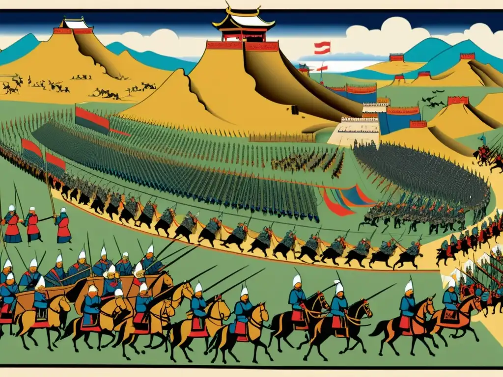 Asedio mongol: tácticas y armas de asedio Táctica de guerra mongoles: detallada imagen de un asedio con trebuchets, torres y estrategias para superar defensas urbanas