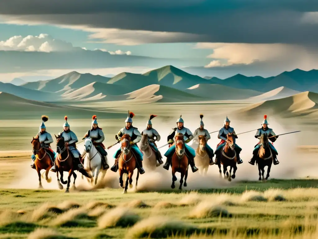 Tácticas de caballería del Imperio Mongol: Guerreros montados en la estepa, con paisaje dramático y majestuoso