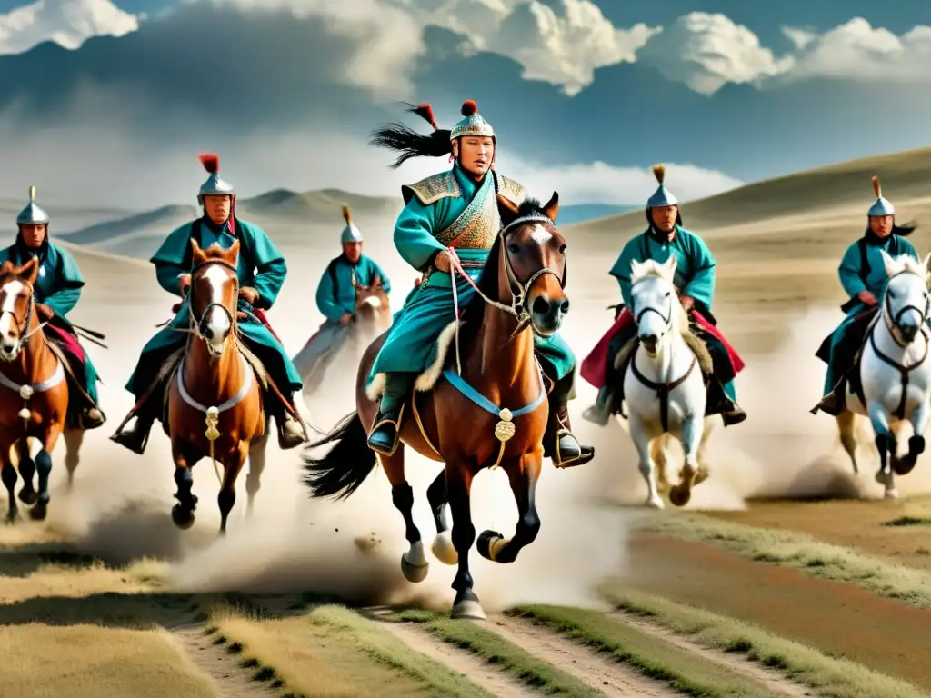 Tácticas del ejército mongol en la vasta estepa de Asia, con jinetes galopando en un paisaje dramático y poderoso