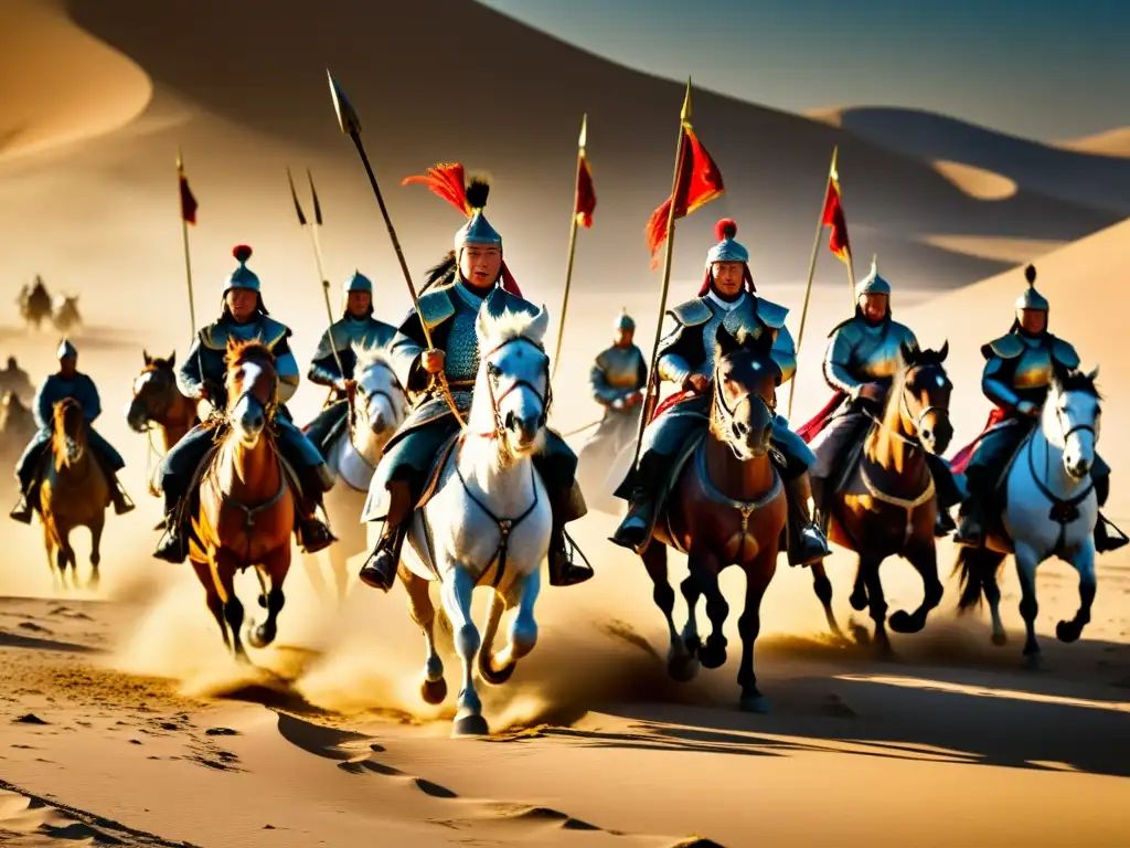 Tácticas de guerra del Imperio Mongol: Imagen de Genghis Khan y su ejército cabalgando por el vasto desierto, listos para la batalla