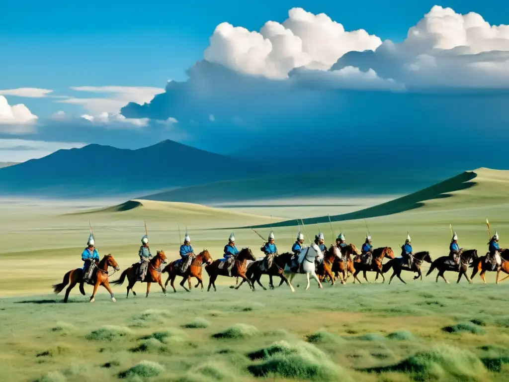 Tácticas de guerra del Imperio Mongol: paisaje épico de la estepa mongola, guerreros a caballo en armadura tradicional listos para la batalla