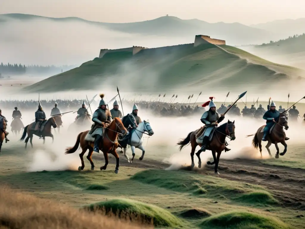 Tácticas de guerra mongolas Europa: Mongolos atacan a soldados europeos en un campo de batalla nebuloso y desolado