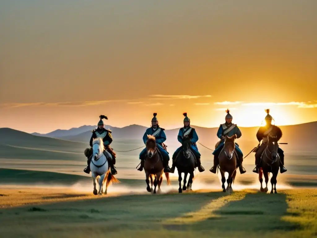 Tácticas de guerrilla mongoles eficaces: guerreros montados en la estepa al amanecer, listos para la batalla