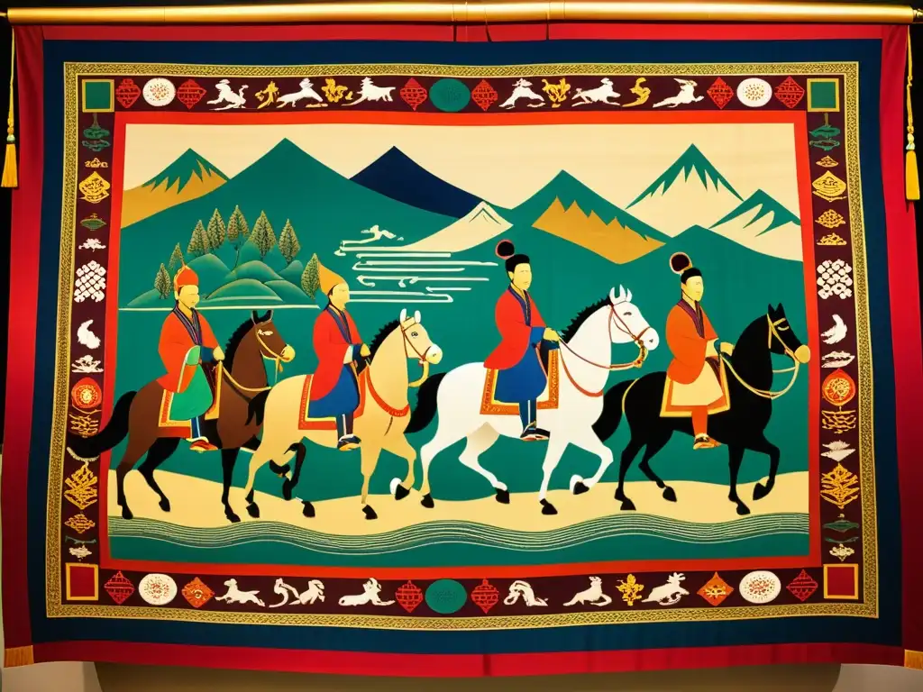 Una tapicería mongola detallada exhibida en un museo tenue, resaltando arte mongol en la Ruta de la Seda con patrones intrincados y colores vibrantes