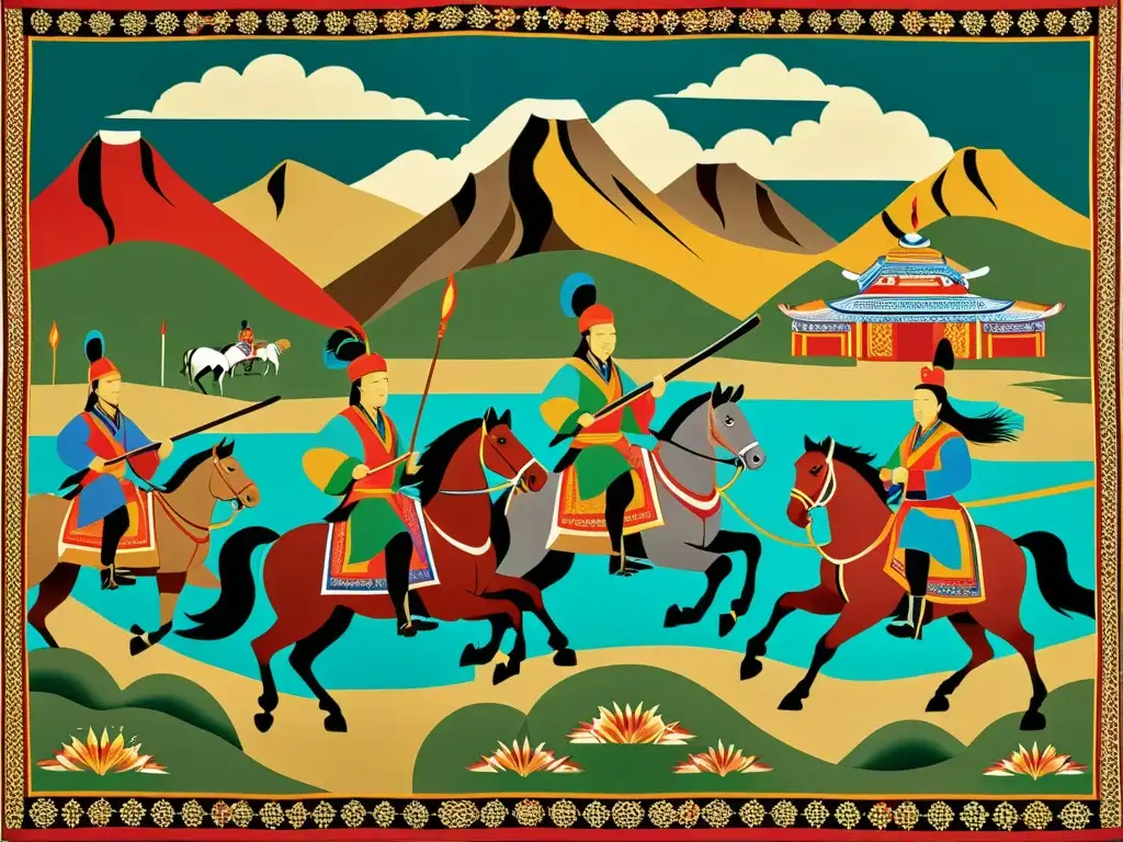 Un tapiz mongol detallado, muestra colores vibrantes y escenas históricas de guerreros a caballo y paisajes detallados