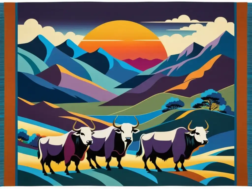 Tapiz de seda mongol con paisaje tradicional: colinas, yaks y atardecer vibrante