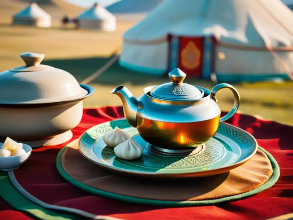 Un té mongol tradicional auténtico se sirve en una yurta en la vasta estepa mongol al atardecer, con vapor y colores vibrantes