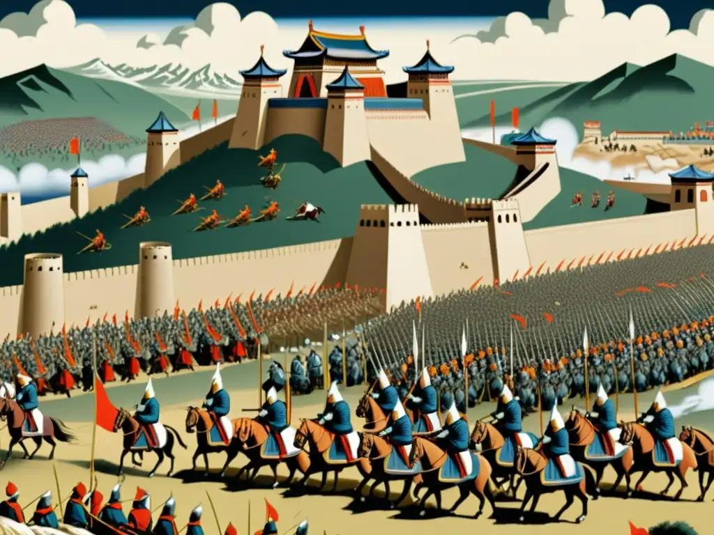 Técnicas de asedio del Imperio Mongol: Imagen detallada de un asedio mongol con un vasto ejército atacando una ciudad fortificada