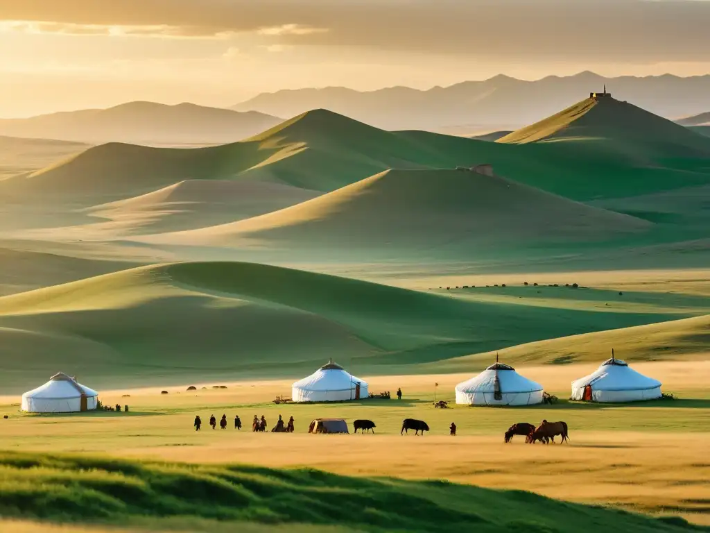 Técnicas nómadas del Imperio Mongol: Atardecer dorado sobre la estepa mongola, pastores yurtas en la distancia