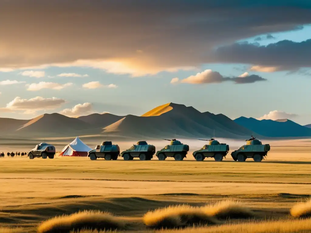 Tecnología militar mongola en ejércitos: paisaje de la estepa mongola con vehículos modernos y guerreros a caballo en la distancia, yurtas y cielo dorado al atardecer