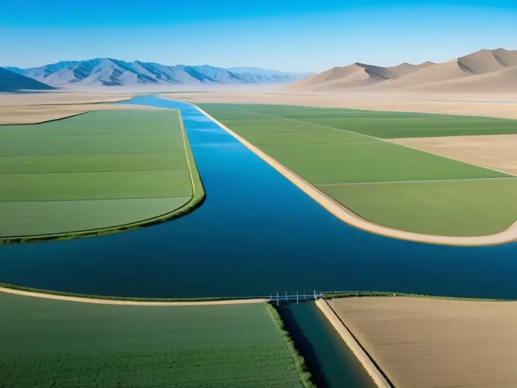 Tecnologías de irrigación en Mongolia: paisaje estepario con modernos canales de riego y tecnología avanzada integrada en la agricultura tradicional