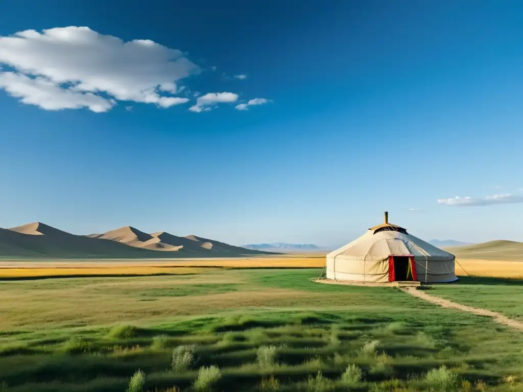 Tecnologías de irrigación en Mongolia: Yurta tradicional entre la vasta estepa dorada, donde se fusionan lo antiguo y lo moderno