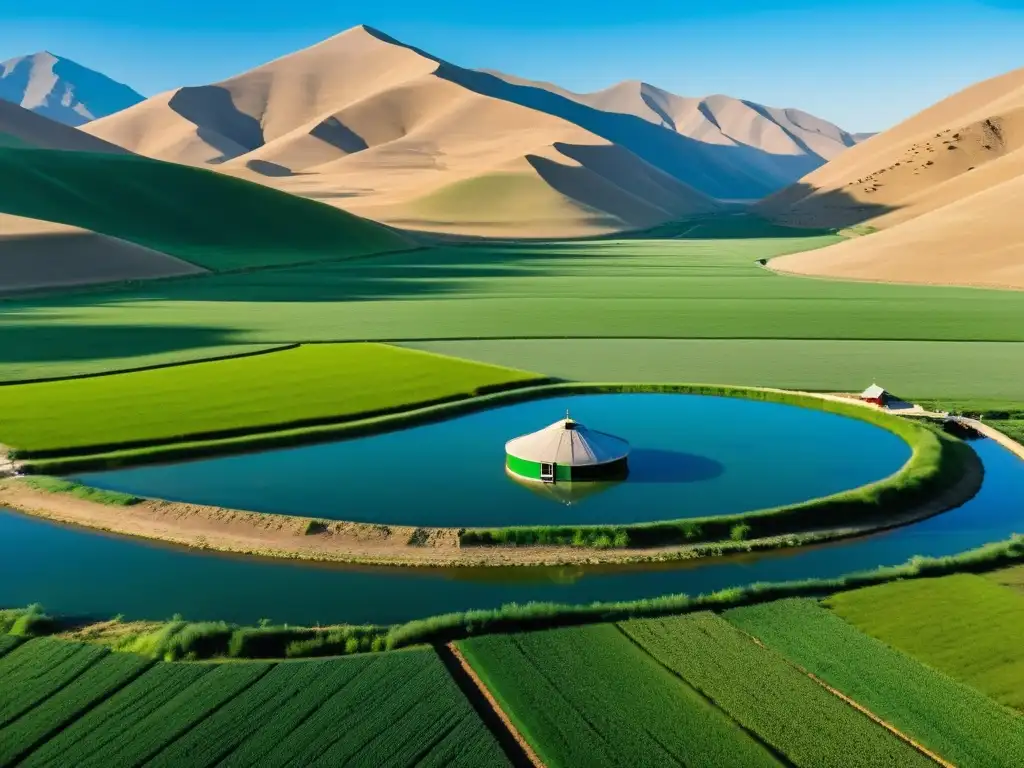 Tecnologías de irrigación en Mongolia: paisaje verde con yurta y modernos sistemas de riego junto a prácticas agrícolas tradicionales