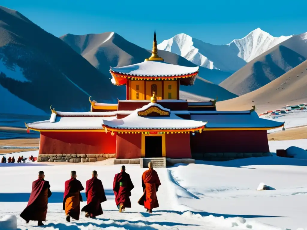 Templo budista mongol rodeado de montañas nevadas, con banderas de oración vibrantes y monjes rezando