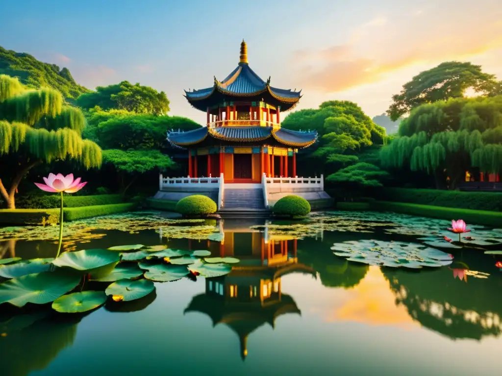 Templo chino antiguo al atardecer entre naturaleza exuberante Templo chino rodeado de naturaleza exuberante, con tejados coloridos y estanque sereno, evocando la Recuperación de territorios tras dominio mongol