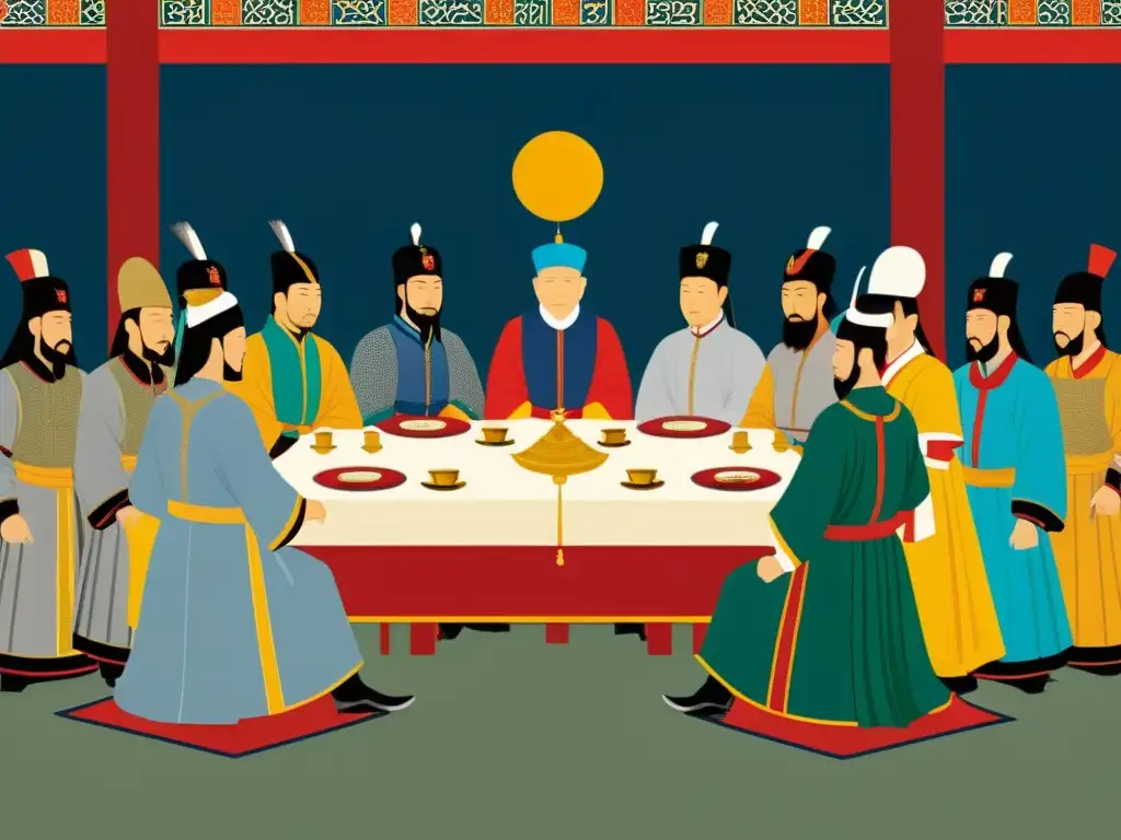 Reunión diplomática tensa entre envoys del Imperio Mongol y representantes de los Estados Cruzados