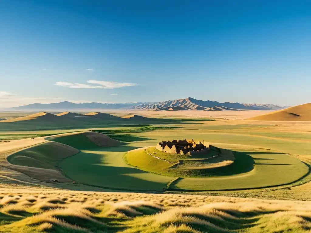 Tesoro perdido Imperio Mongol: Majestuosa estepa mongola con ruinas ancestrales y arqueólogos en busca de secretos centenarios