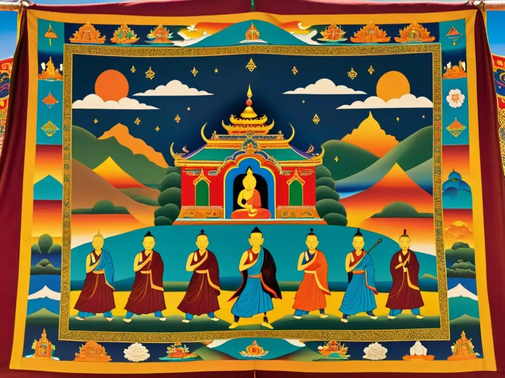 Thangka tibetano ricamente detallado, con deidades, mandalas y monjes en la estepa mongol