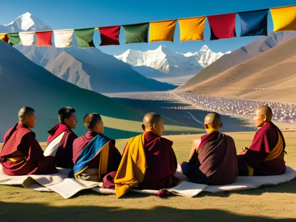 Tibetanos debatiendo bajo la cálida luz del atardecer en el Himalaya, con coloridas banderas de oración ondeando al fondo