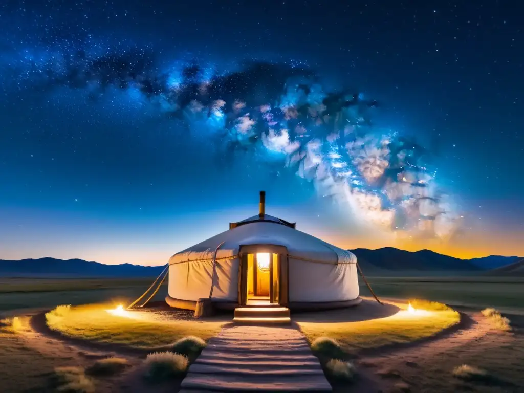 Una tienda tradicional mongola iluminada bajo un cielo estrellado