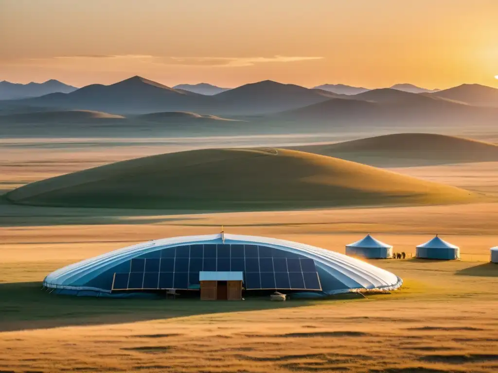 En la estepa mongola, las tiendas ger conviven con paneles solares, simbolizando la armonía entre la naturaleza y la energía renovable en el Imperio Mongol