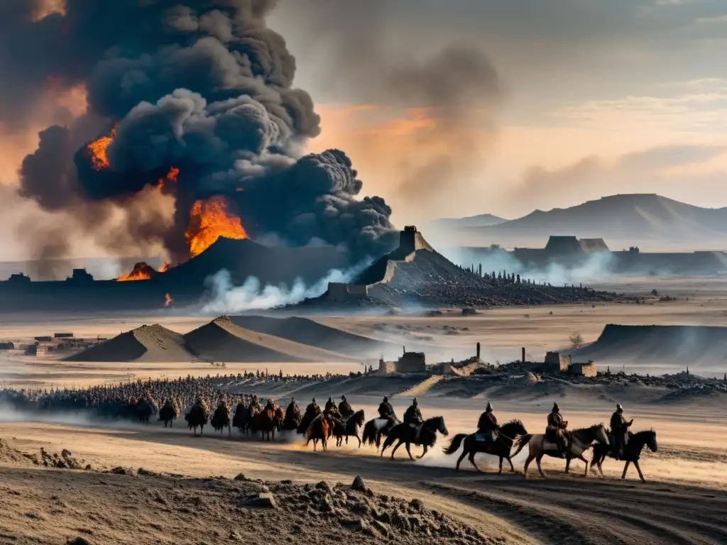 La tierra quemada y desolada por las conquistas mongoles, con ruinas humeantes y guerreros a caballo en el horizonte