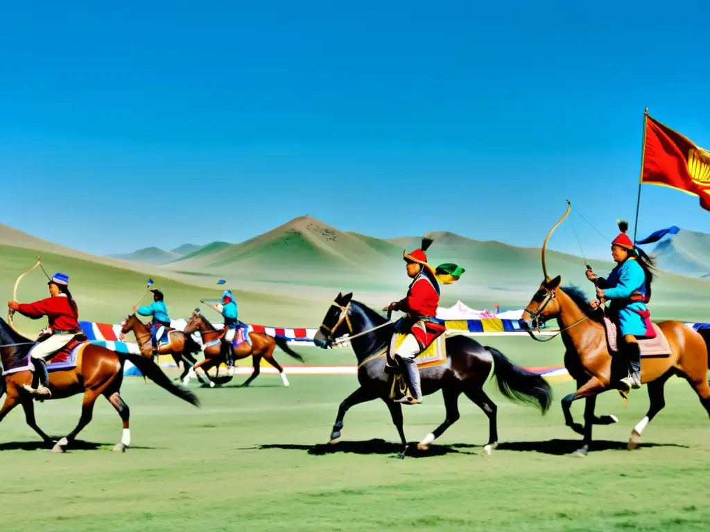 Competición de tiro con arco a caballo y vestimenta tradicional en la estepa mongola