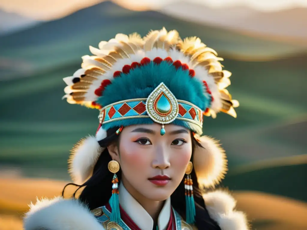 Headdress mongol detallado con plumas y bordados Un tocado mongol de diseño alta gama con plumas vibrantes, bordados intrincados y paisaje mongol al atardecer