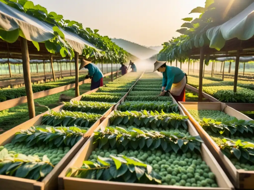 Silk Farming: Trabajo y tradición en China Trabajadores en granja de seda en China, recolectando delicadamente los capullos