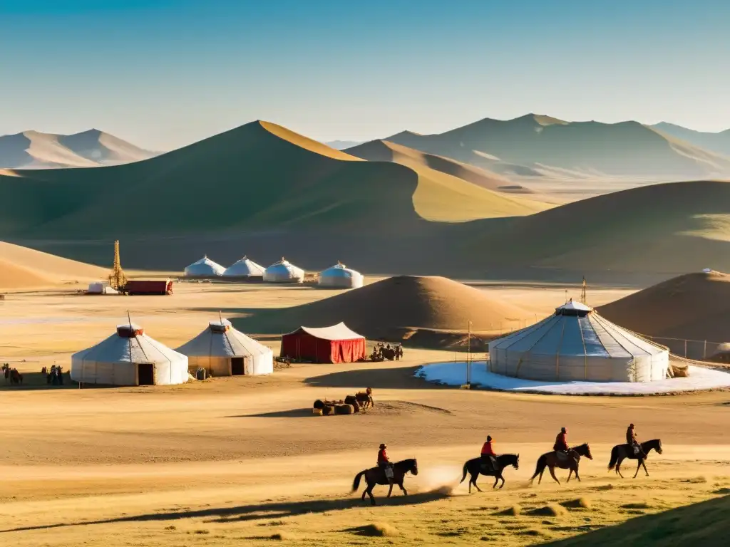 Trabajadores realizan minería sostenible en el Imperio Mongol, rodeados de colinas, yurtas y caballos, bajo la cálida luz del sol dorado