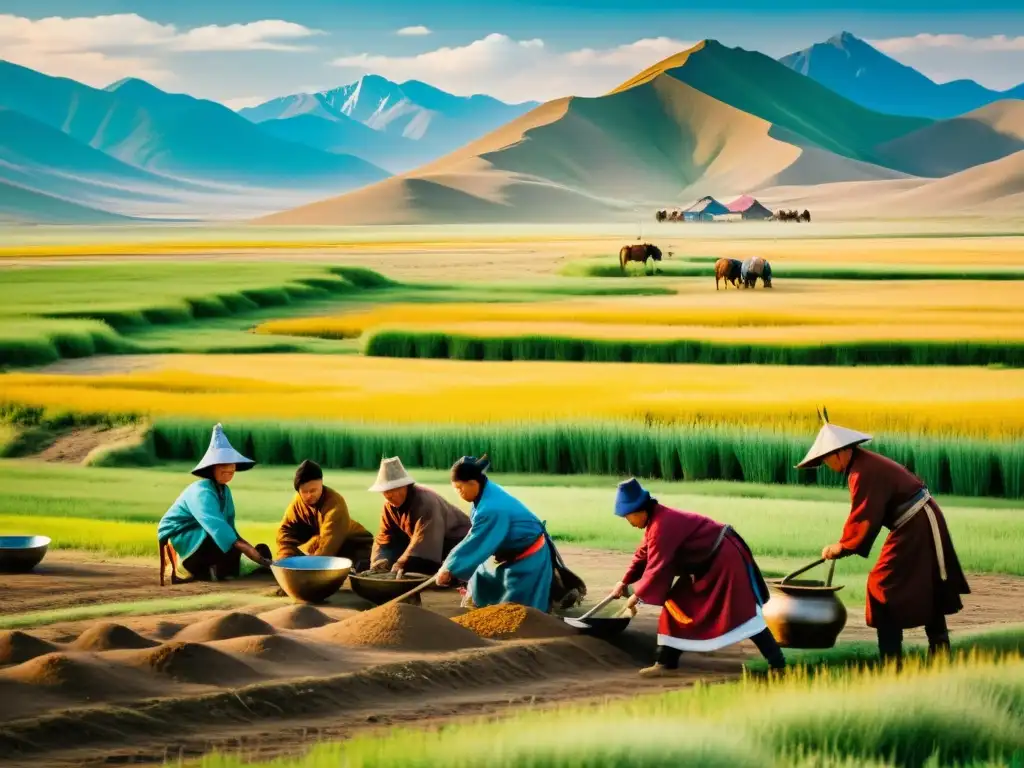 Trabajo duro y tradición: Esclavos y sirvientes mongoles en la vida diaria Trabajo de esclavos y sirvientes mongolas en los campos, reflejando el rol esclavos sociedad mongola y la dureza y belleza del entorno