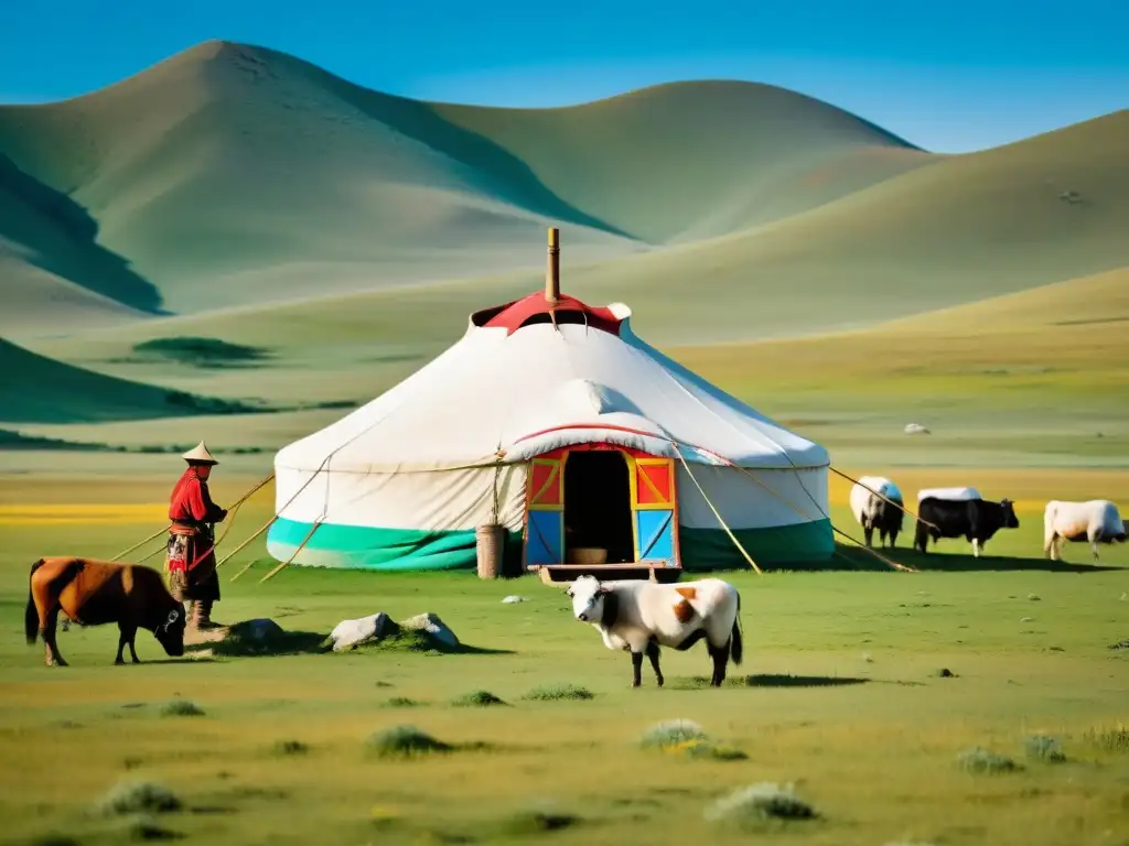 Una yurta mongol tradicional en la estepa, adornada con vibrantes patrones, rodeada de pastoreo y pastores nómadas