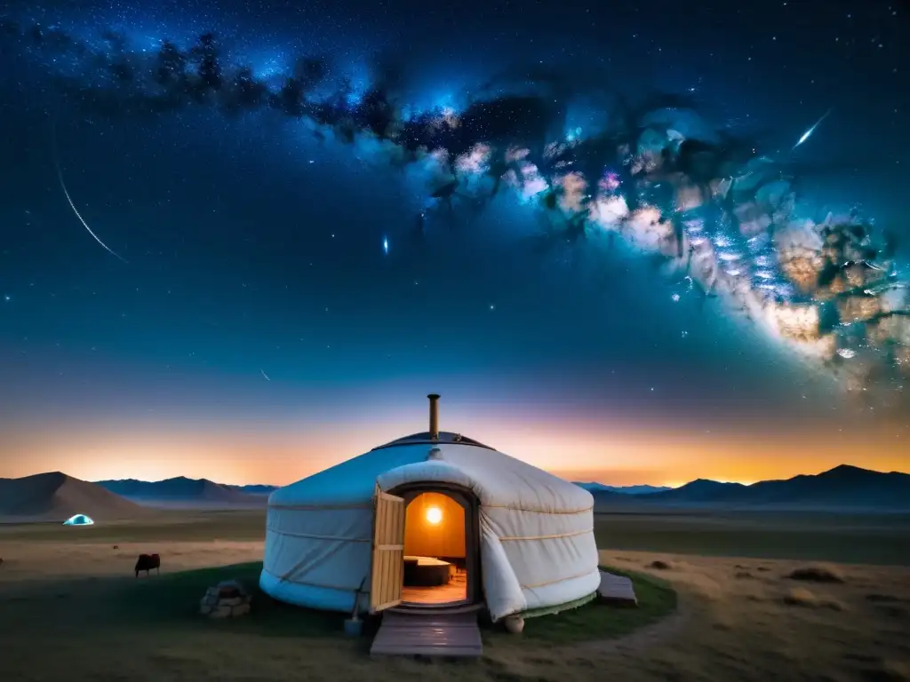 Ingeniería mongola en astronomía: yurta tradicional en la estepa mongola bajo un cielo estrellado y la Vía Láctea