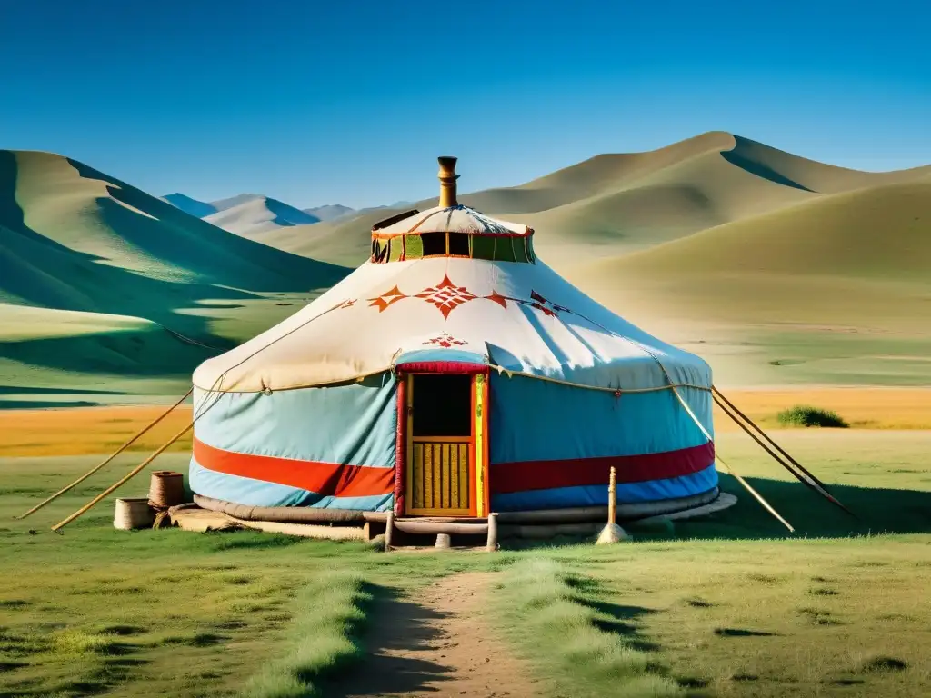 Un yurta tradicional mongola en la estepa, con diseño y colores vibrantes, refleja el legado cultural e histórico del Imperio Mongol