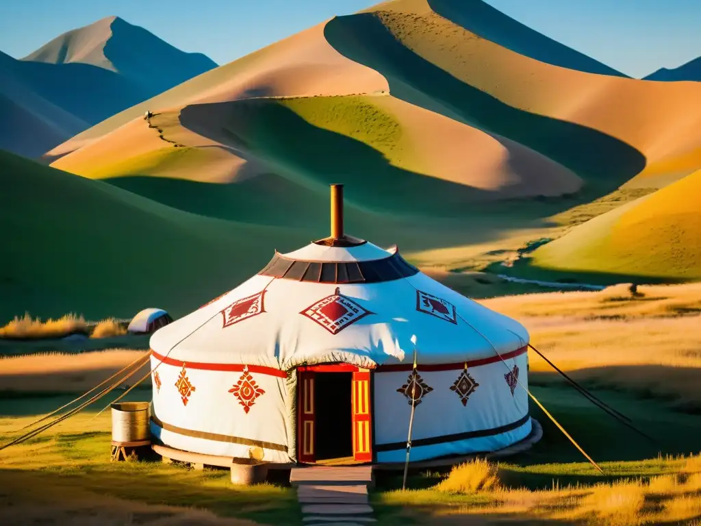 Una yurta mongola tradicional decorada con diseños pintados a mano, iluminada por la cálida luz del atardecer en el vasto paisaje mongol