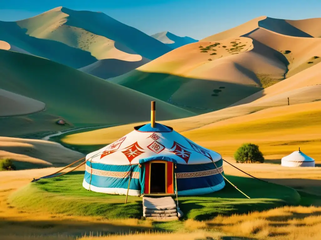Una yurta mongola tradicional decorada con intrincados diseños pintados a mano, se destaca en las vastas colinas de la estepa mongola