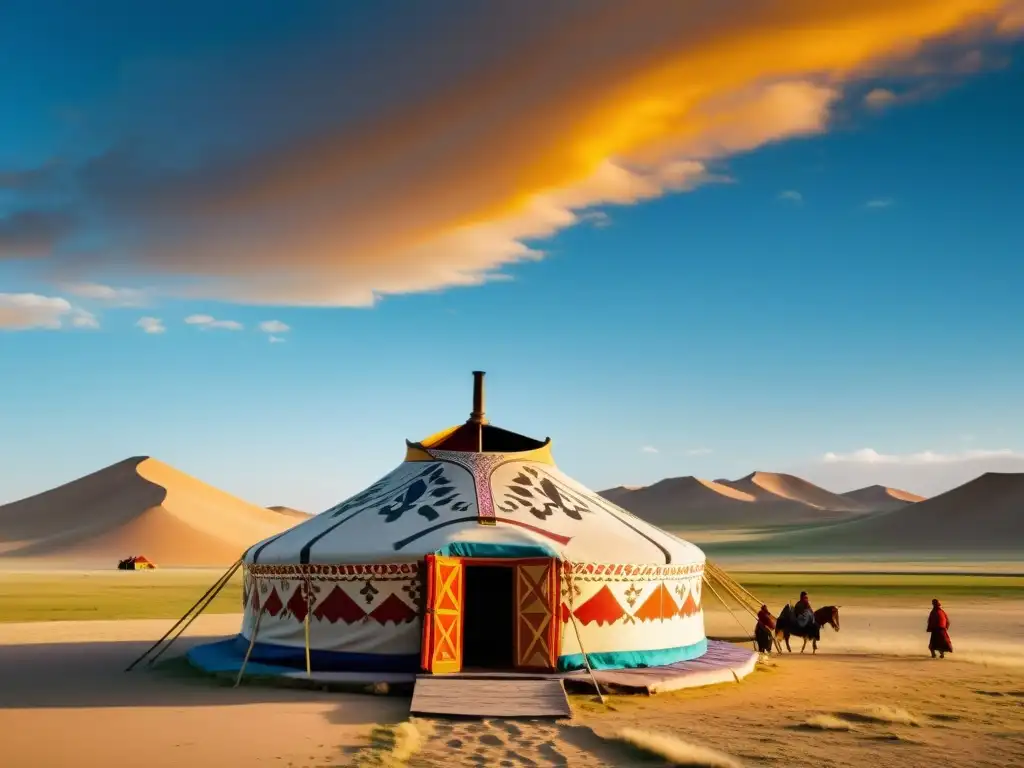 Una yurta mongola tradicional en el desierto del Gobi, con arte y colores vibrantes, y gente nómada, reflejando la rica cultura del lugar