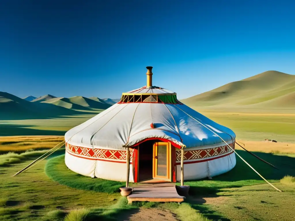 Yurta mongola en las estepas: vida nómada cautivadora Un yurta mongol tradicional se destaca en las extensas estepas de Mongolia, mostrando el legado espiritual del Imperio Mongol contemporáneo