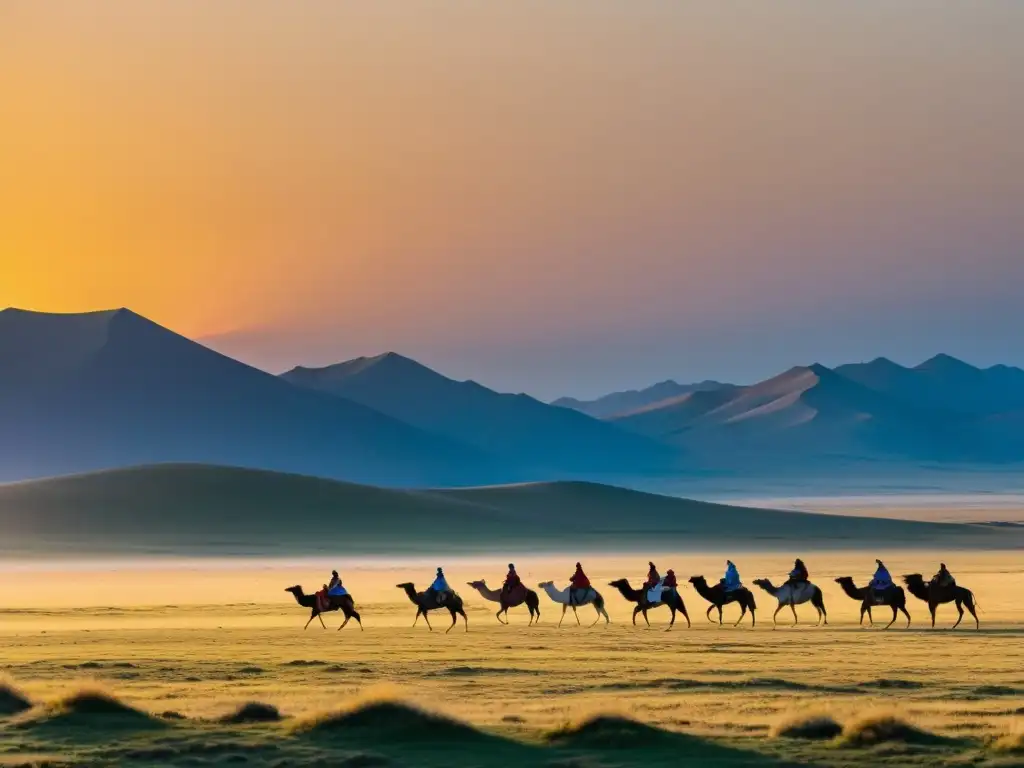 Tradicional feria nómada mongola, hermoso paisaje con camellos y pastores en la estepa al atardecer