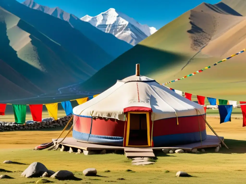 Una yurta mongola tradicional con influencia mongola en descendientes Genghis, rodeada por las majestuosas montañas del Himalaya y banderas de oración tibetanas